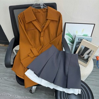 Set Áo Váy Bigsize Nữ Cá Tính Áo Sơ Mi Tay Dài Kèm Cà Vạt May Liền Mix Chân Váy Tennis SM168-CV421