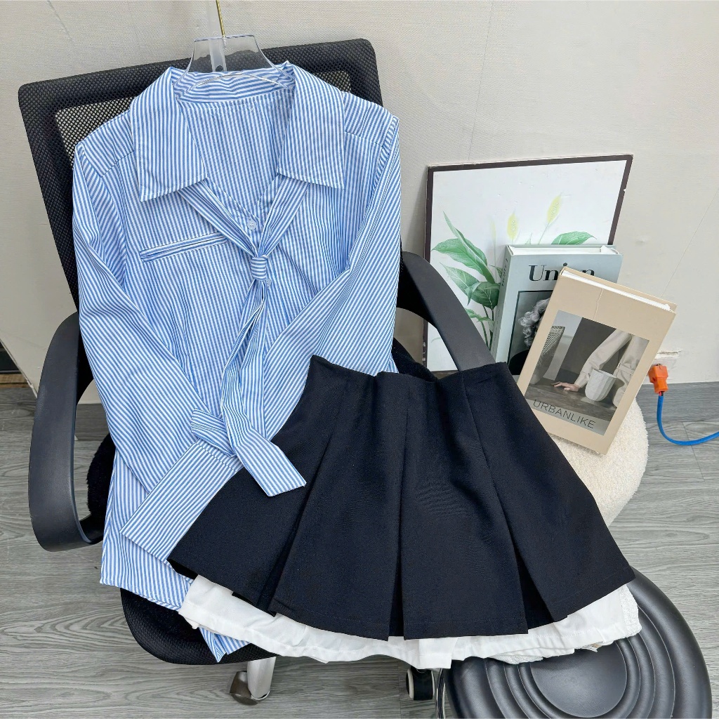 Set Bigsize Nữ Áo Sơ Mi Lụa Chéo + Chân Váy Xếp Ly Ngắn – Thanh Lịch, Che Bụng Che Đùi SM168+CV421