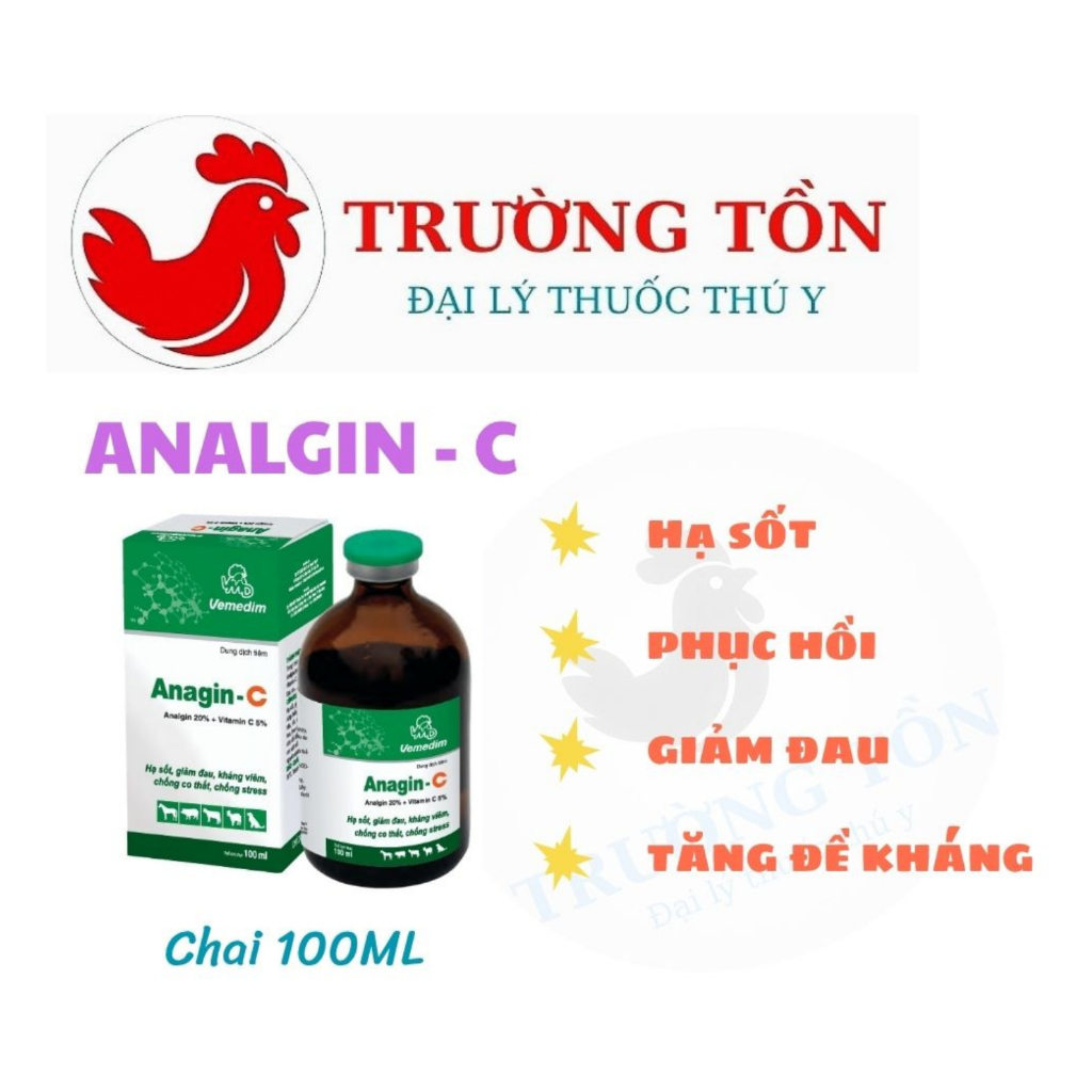 Vemedim Anagin C 100ml giúp hạ sốt, giảm đau, chống co thắt, stress cho gia cầm và vật nuôi