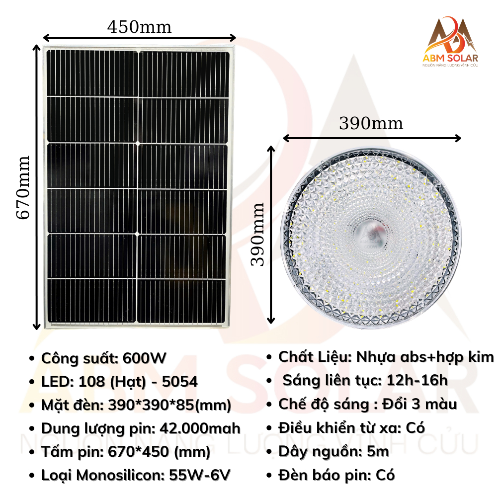 [600W] Đèn Ốp Trần Năng Lượng Mặt Trời Nhỏ Gọn ABMSOLAR, Lắp Trong Nhà,  Chất Liệu Kim Loại Mặt  Nhựa ABS