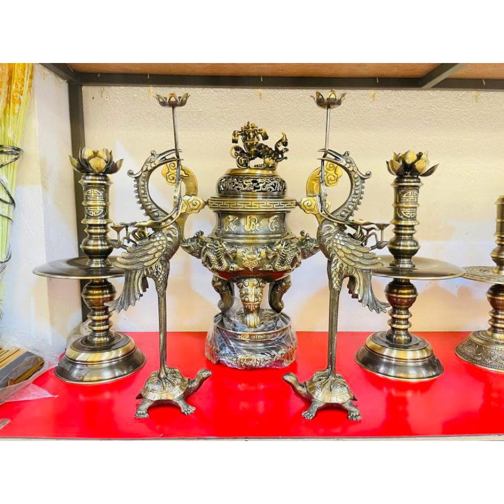 Bộ Đỉnh Đồng Ngũ Sự Đỉnh Hạc Chân Đèn Bằng Đồng Kích Thước Chuẩn Phong Thủy, Bộ Lư Đặt Bàn Thờ Bằng Đồng Đại Bái Cao 50