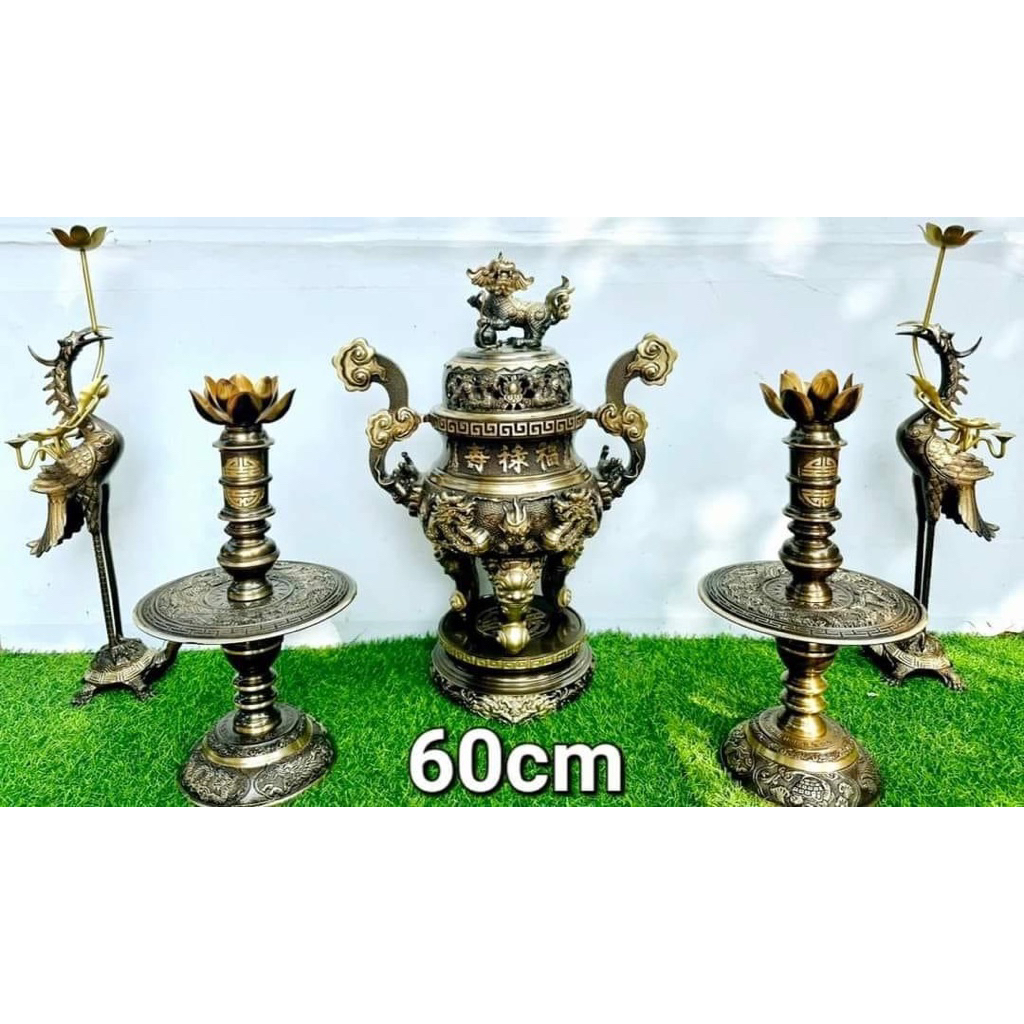 Bộ Đỉnh Đồng Ngũ Sự Đỉnh Hạc Chân Đèn Bằng Đồng Kích Thước Chuẩn Phong Thủy, Bộ Lư Đặt Bàn Thờ Bằng Đồng Đại Bái Cao 50