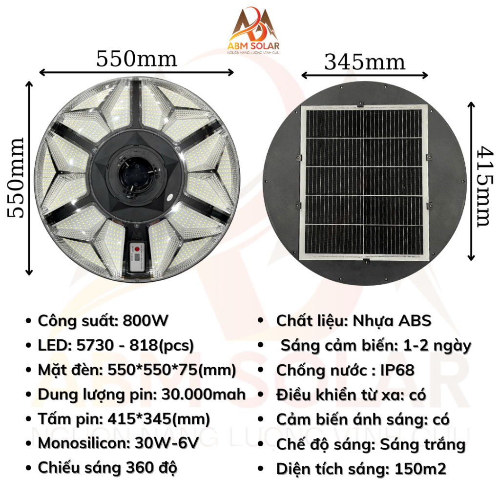 [800W] Đèn UFO Năng Lượng Mặt Trời ABMSOLAR , Toả Sáng 360 Độ, Chống Nước IP68, Cảm Biến Chuyển Động