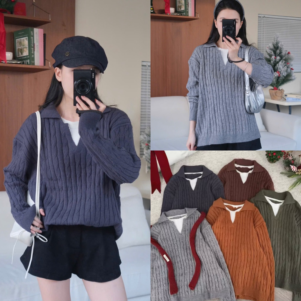Áo len thừng cổ polo dài tay phối len trắng Nữ the.sweaterweather TSW
