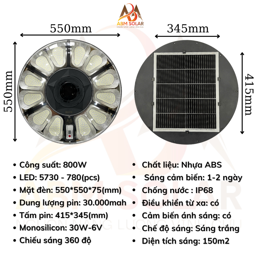 [800W] Đèn UFO Năng Lượng Mặt Trời ABMSOLAR , Toả Sáng 360 Độ, Chống Nước IP68, Cảm Biến Chuyển Động