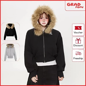 Áo khoác GRADPOPU thiết kế ngắn có mũ trùm đầu phối lông thú có thể tháo rời kiểu Hàn Quốc AK572