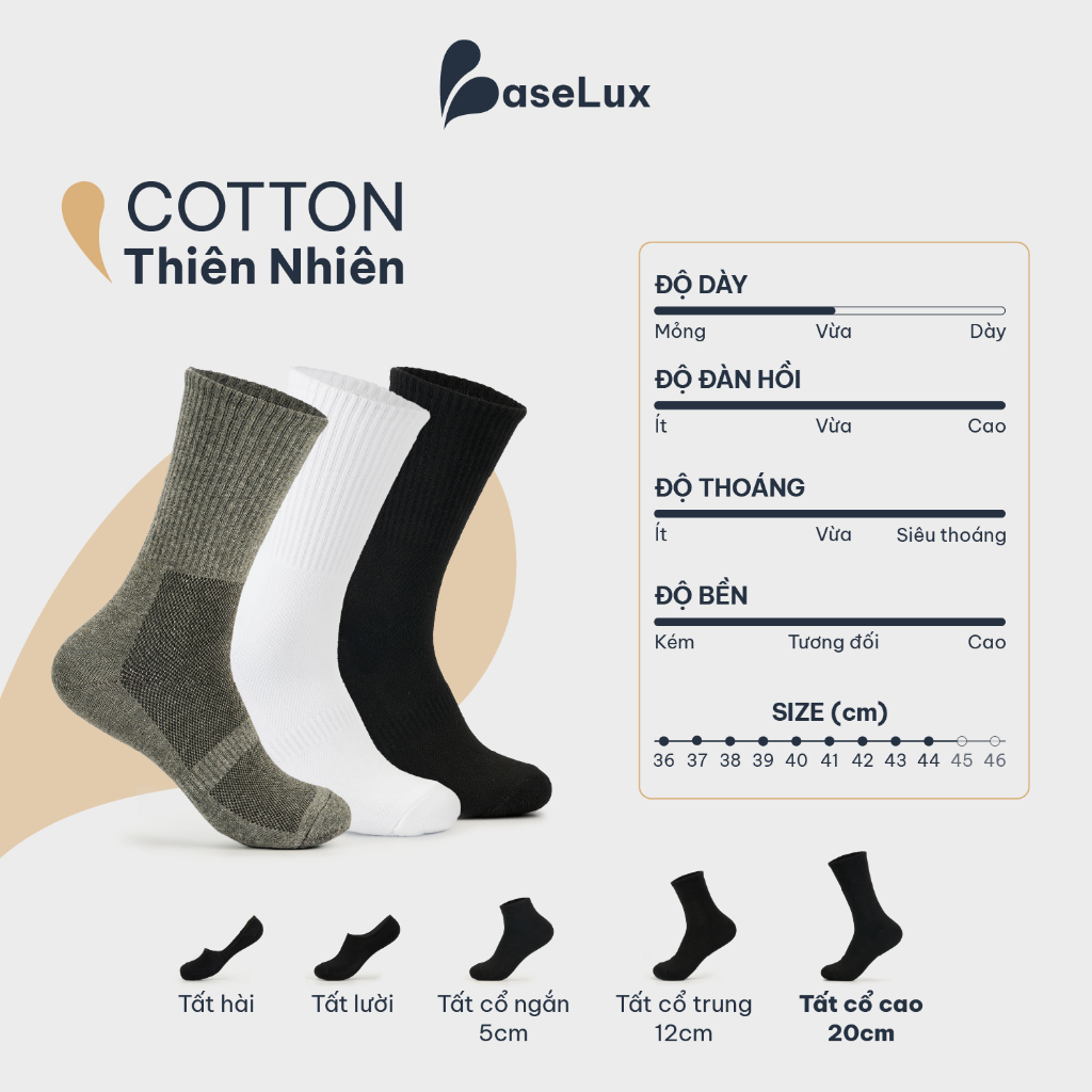 Tất cotton lót lông đệm xù mùa đông BaseLux tất cổ cao mềm mại, vớ cổ cao kháng khuẩn khử mùi, tất nam cổ cao basic