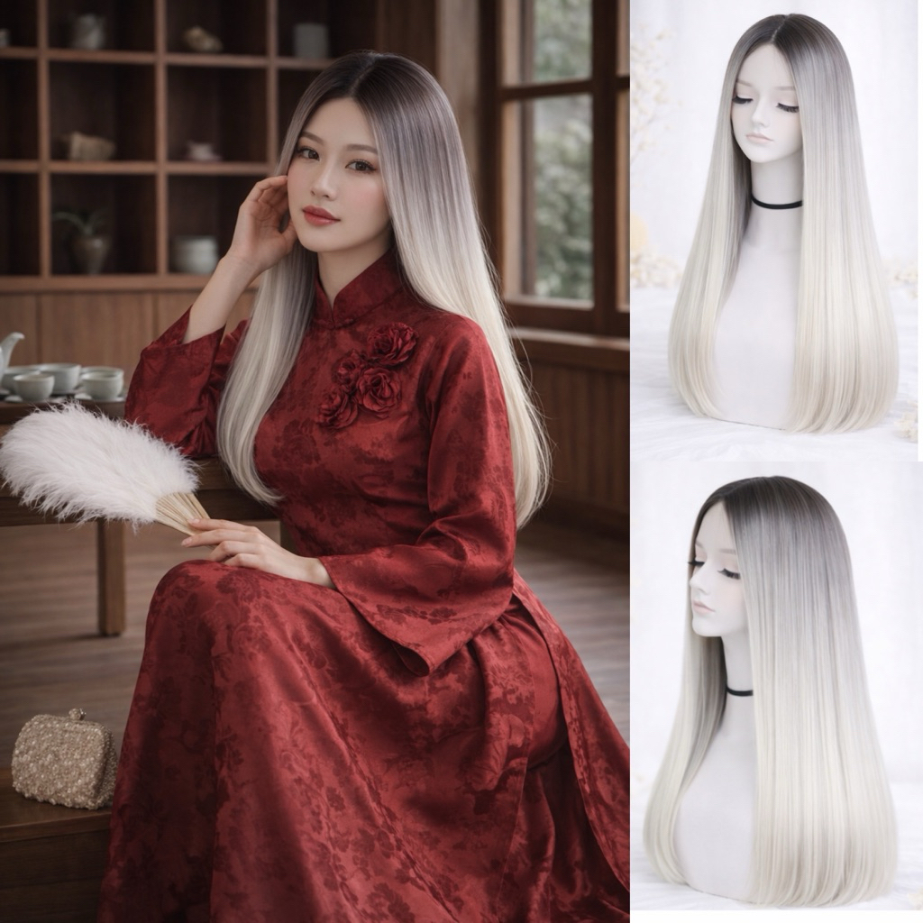 TÓC GIẢ BỘ NGUYÊN ĐẦU TRẮNG OMBER ĐEN - TÓC DIỆN TẾT, ĐI LỄ - TÓC CHỤP ÁO DÀI - TẶNG LƯỚI TRÙM