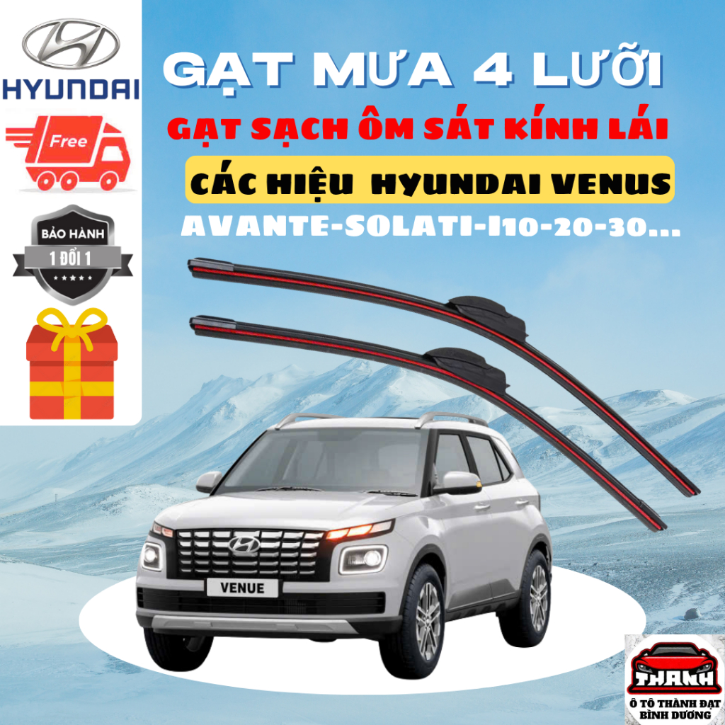 Gạt Mưa Ô Tô HYUNDAI STAREX, CRETA, ACCENT, SANTAFE, TUCSON, ELANTRA Silicon 4 Lưỡi Gạt Sạch Êm. 4L