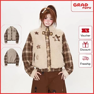 Áo khoác GRADPOP siêu dễ thương phối họa tiết kẻ caro giả lông cừu dáng ngắn thiết kế đáng yêu AK576