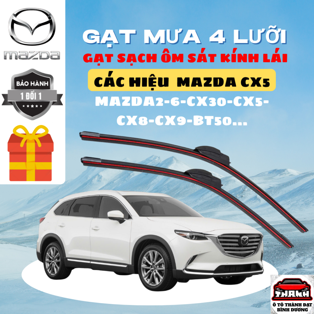 Gạt Mưa Ô Tô MAZDA CX5, CX8, CX9, MAZDA2, BT50, MAZDA3, MAZDA6 CX3... Silicon 4 Lưỡi Gạt Sạch Êm. 4L