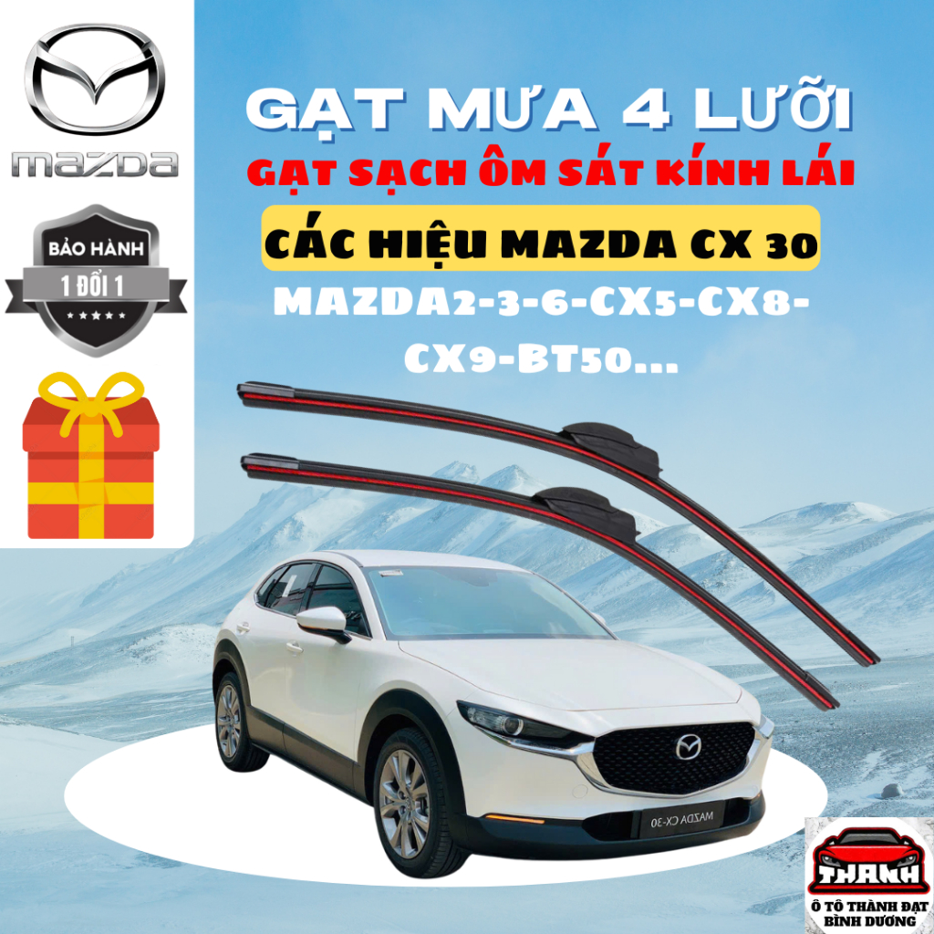 Gạt Mưa Ô Tô MAZDA MAZDA3, CX5, CX8, CX9, MAZDA2, BT50, MAZDA6 CX3... Silicon 4 Lưỡi Gạt Sạch Êm. 4L