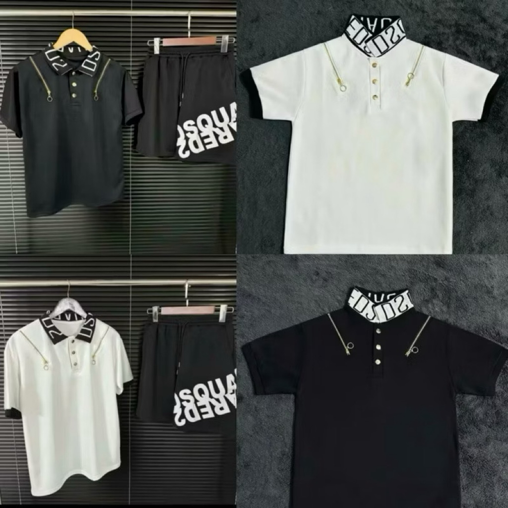 Áo Phồng Nam Polo DSQ Phối 2 Khóa Vai Kèm Cổ Dệt Chữ Phong Cách, Bộ Đồ Nam Tay Ngắn Cổ Bẻ Chất Poly Dày Dặn Cao Cấp