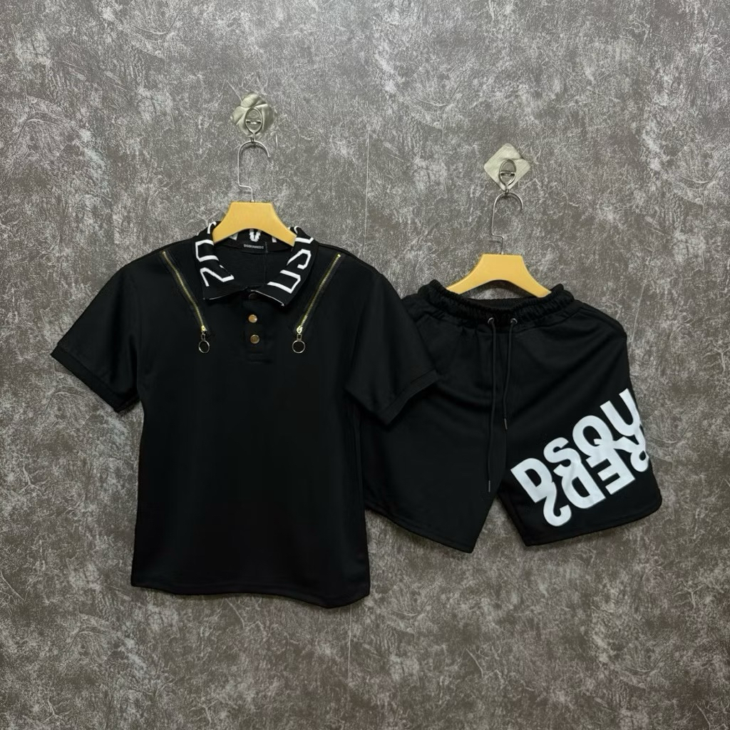 Áo Phồng Nam Polo DSQ Phối 2 Khóa Vai Kèm Cổ Dệt Chữ Phong Cách, Bộ Đồ Nam Tay Ngắn Cổ Bẻ Chất Poly Dày Dặn Cao Cấp