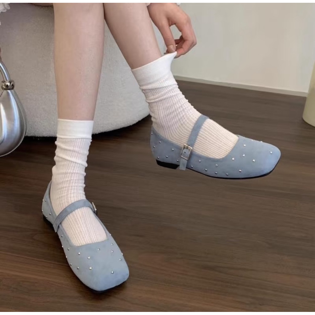 Giày Búp Bê Nhung BS Đính Hạt – Phong Cách Tiểu Thư Dịu Dàng