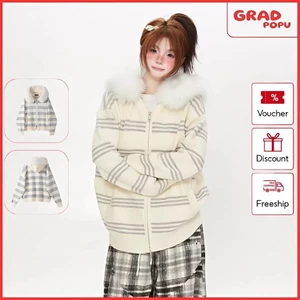 Áo khoác GRADPOPU dệt kim kẻ sọc mềm mại với mủ trùm cổ lông có thể tháo rời dành cho nữ AK597