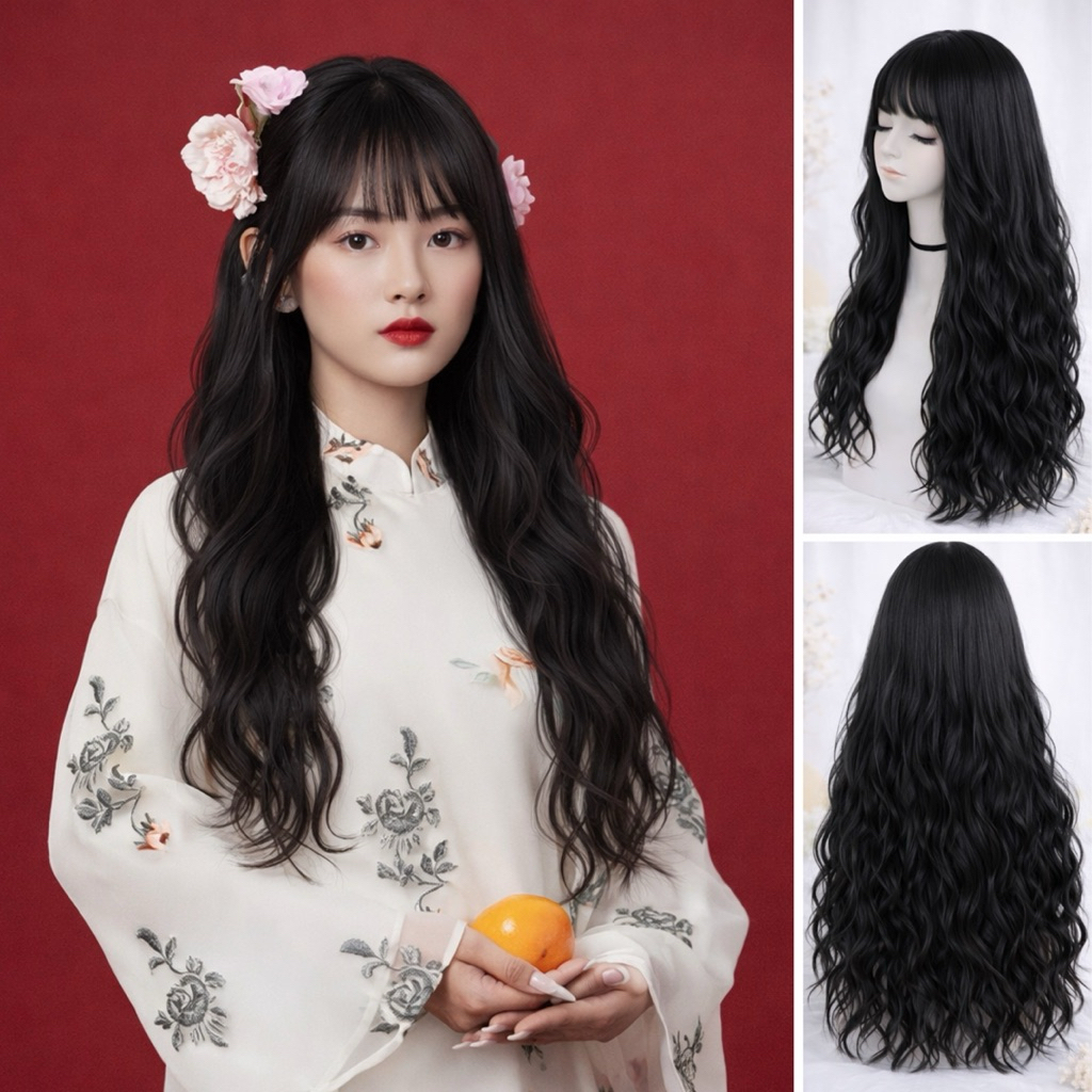 TÓC GIẢ BỘ LƯỚI HOA SÓNG XÙ DIỆN TẾT, ĐI LỄ CỰC XINH - TÓC GIẢ CHỤP ẢNH ÁO DÀI CAO CẤP TẶNG LƯỚI TRÙM