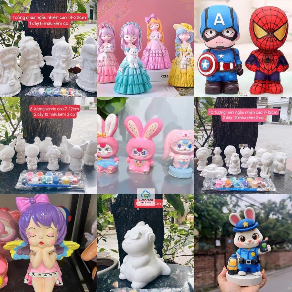Set tô tượng thạch cao kèm màu và bút vẽ, combo 10 tượng mini, tượng siêu nhân, công chúa.. size to