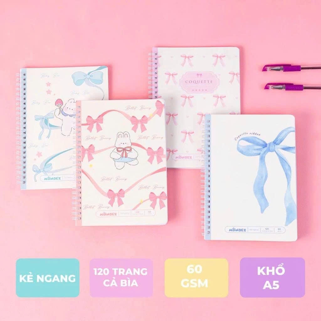 Sổ Lò Xo Mondez Hình Nơ 120 Trang Kẻ Ngang Chống Lóa, Sổ Tay , Vở Lò Xo Ghi Chép -AT