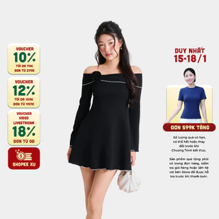 MARC FASHION Đầm Kiểu Nữ Thun Trễ Vai Tay Dài Đính Hoa - CBQH080425