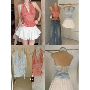 WGWE|Áo thun giấy cổ yếm dây rút hông phong cách Pháp vintage,hở lưng,họa tiết caro W8434#