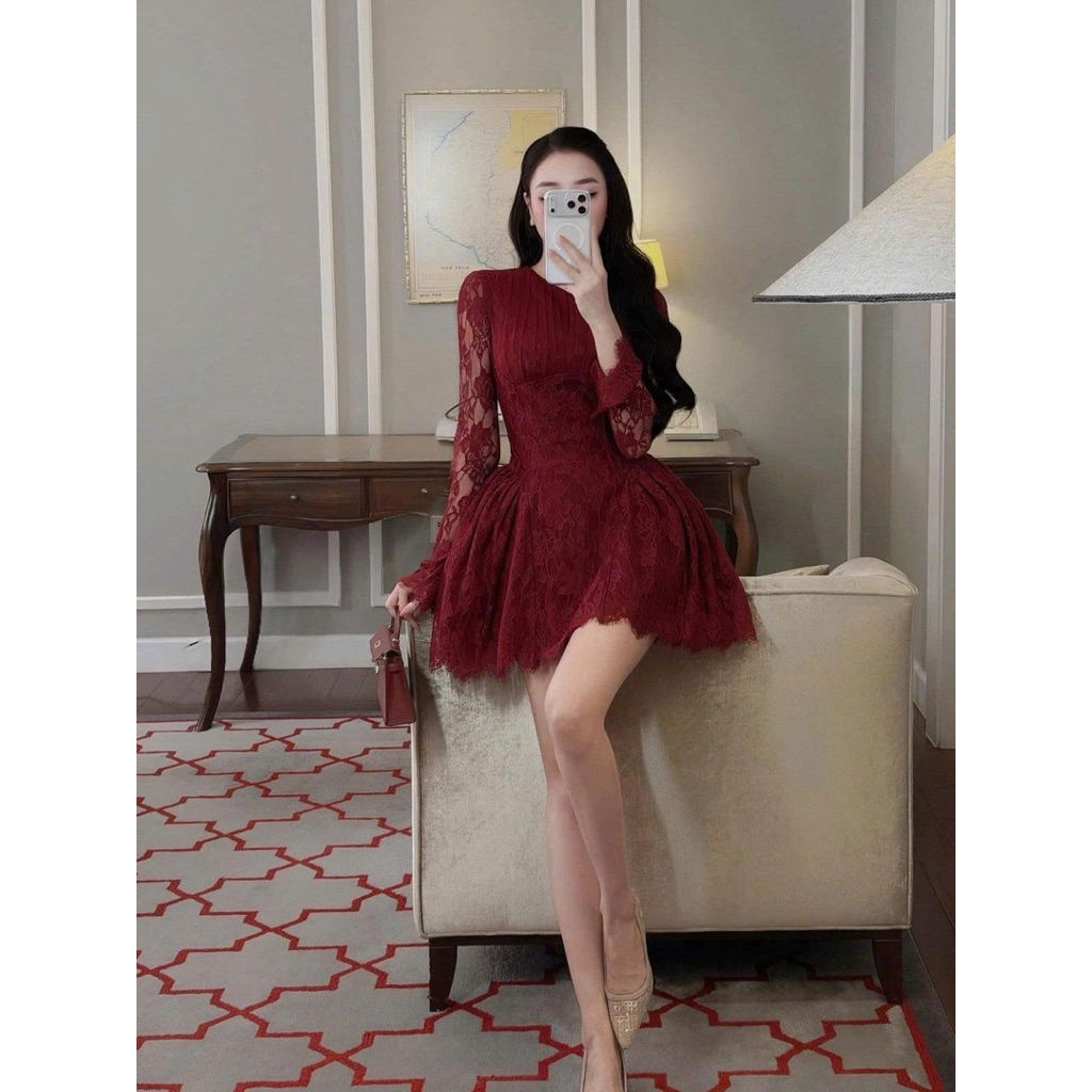 [Sẵn S]Váy ren họa tiết cổ tròn dáng bồng V348 SM đỏ, kem, hồng