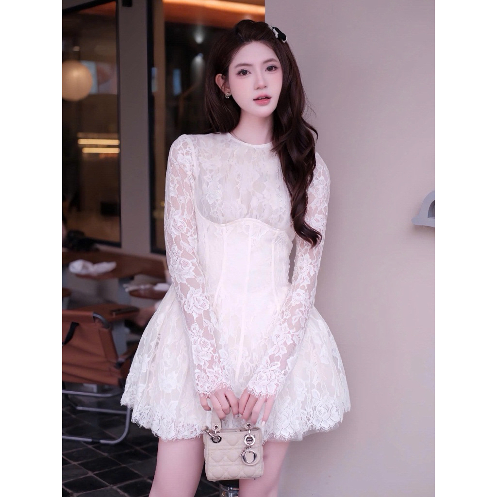[Sẵn S]Váy ren họa tiết cổ tròn dáng bồng V348 SM đỏ, kem, hồng