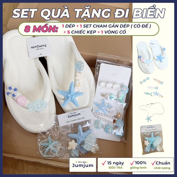 Set quà tặng đi biển, dép xỏ ngón sao biển êm chân chống trượt, vòng cổ sao biển nhũ hollogram, kẹp tóc đi biển pha nhũ