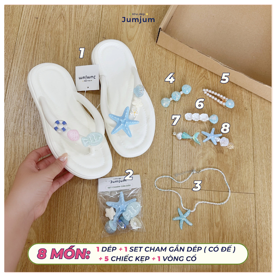 Set quà tặng đi biển, dép xỏ ngón sao biển êm chân chống trượt, vòng cổ sao biển nhũ hollogram, kẹp tóc đi biển pha nhũ