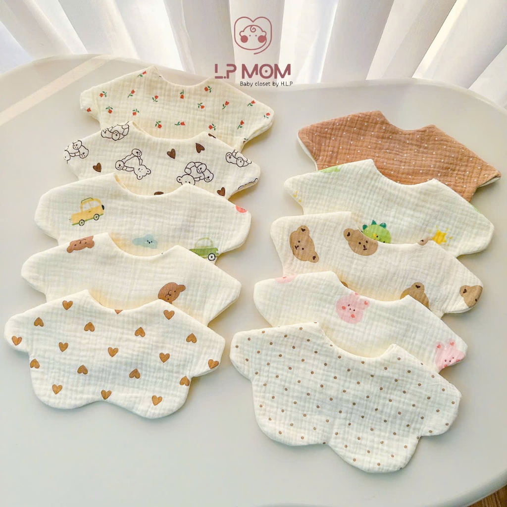Yếm cổ muslin 6 lớp, yếm tròn xoay 360 cho bé đầy dặn thấm hút tốt, giữ ấm cho bé, ăn dặm, yếm xinh