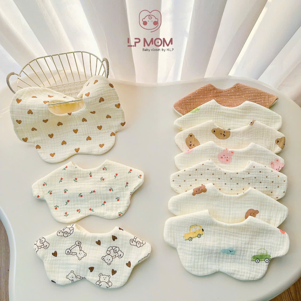 Yếm cổ muslin 6 lớp, yếm tròn xoay 360 cho bé đầy dặn thấm hút tốt, giữ ấm cho bé, ăn dặm, yếm xinh