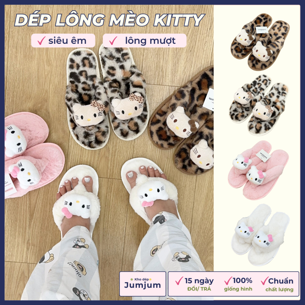 Dép lông xỏ ngón mèo kitty QC hottrend mềm mượt êm chân chống trượt thời trang thu đông đế dày 1 cm