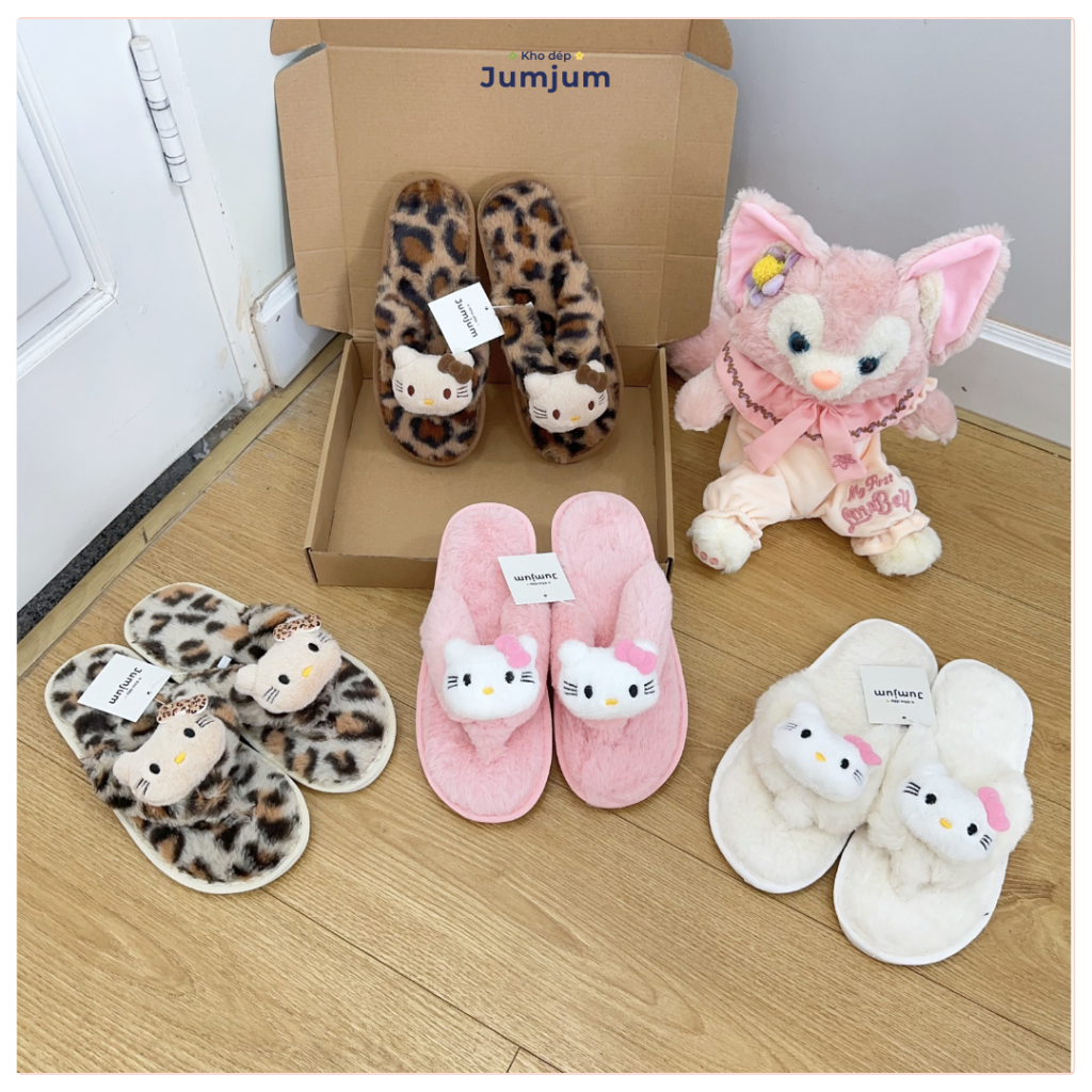 Dép lông xỏ ngón mèo kitty QC hottrend mềm mượt êm chân chống trượt thời trang thu đông đế dày 1 cm