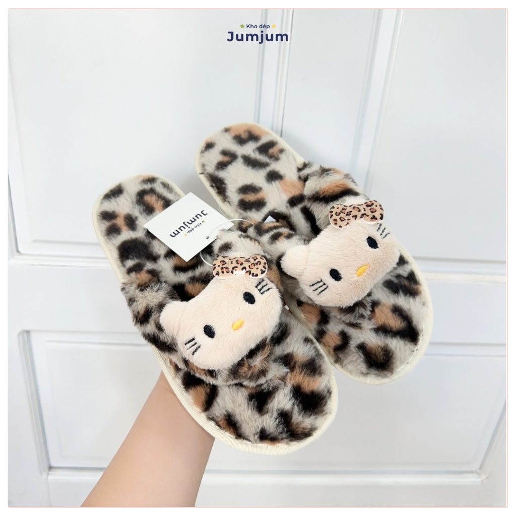 Dép lông xỏ ngón mèo kitty QC hottrend mềm mượt êm chân chống trượt thời trang thu đông đế dày 1 cm