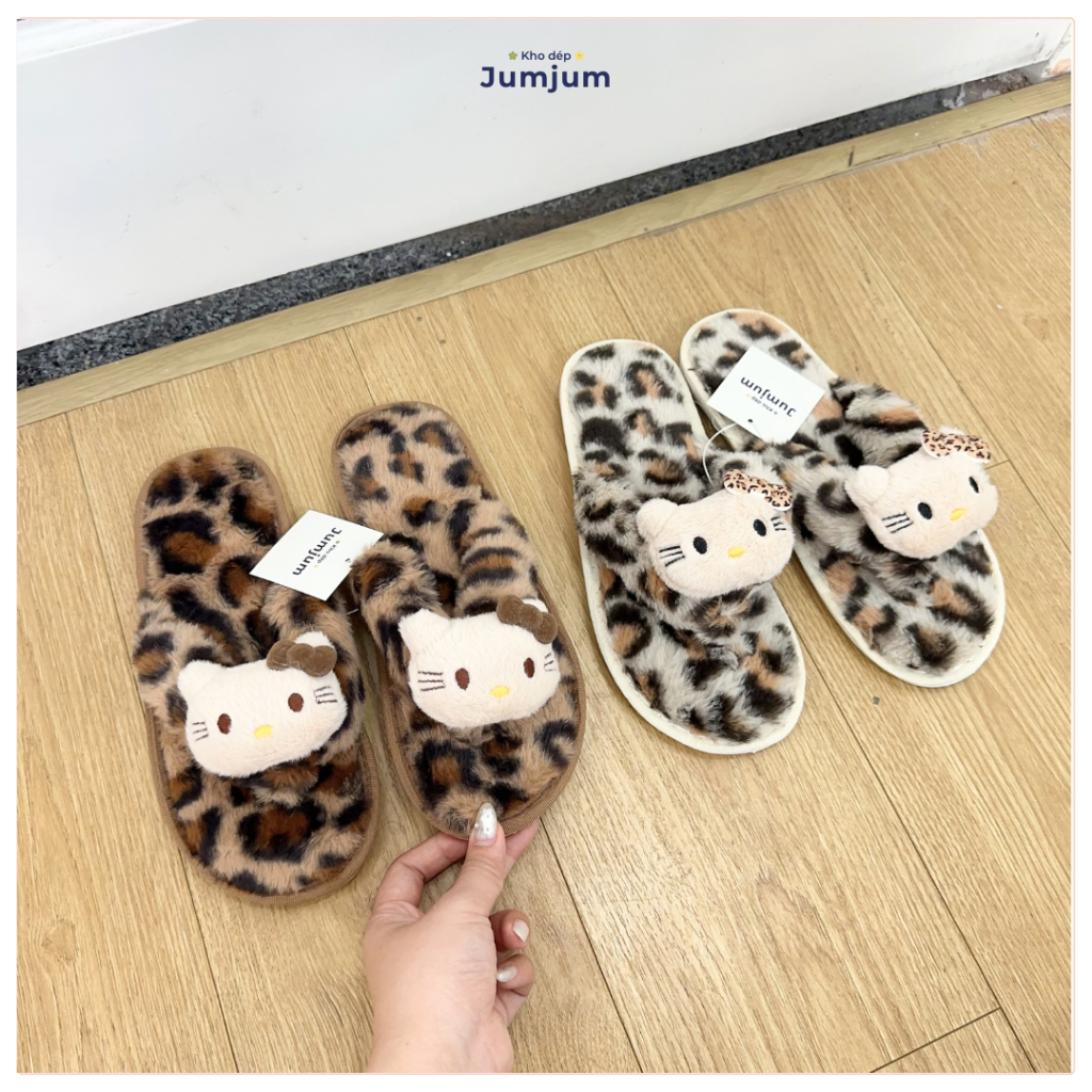 Dép lông xỏ ngón mèo kitty QC hottrend mềm mượt êm chân chống trượt thời trang thu đông đế dày 1 cm