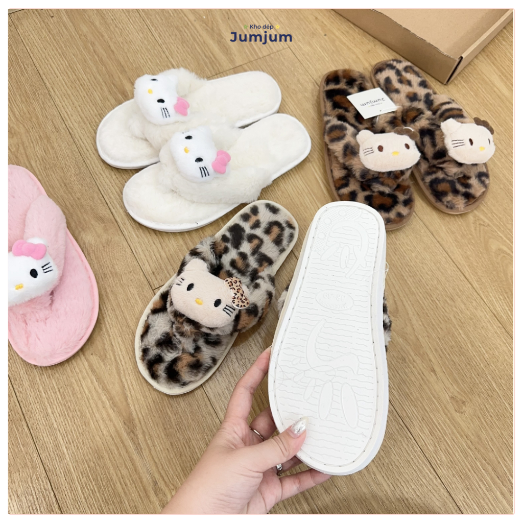 Dép lông xỏ ngón mèo kitty QC hottrend mềm mượt êm chân chống trượt thời trang thu đông đế dày 1 cm