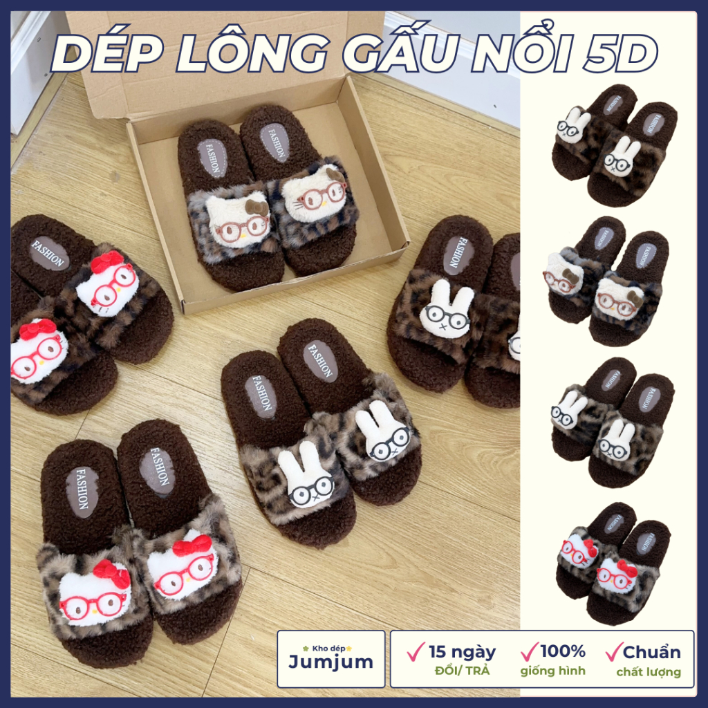 Dép lông mèo hello kitty bản nâng cấp sticker gấu nổi 5D lông mềm mịn ấm chân, đế dày chống trượt 1,5 cm êm chân cao hai
