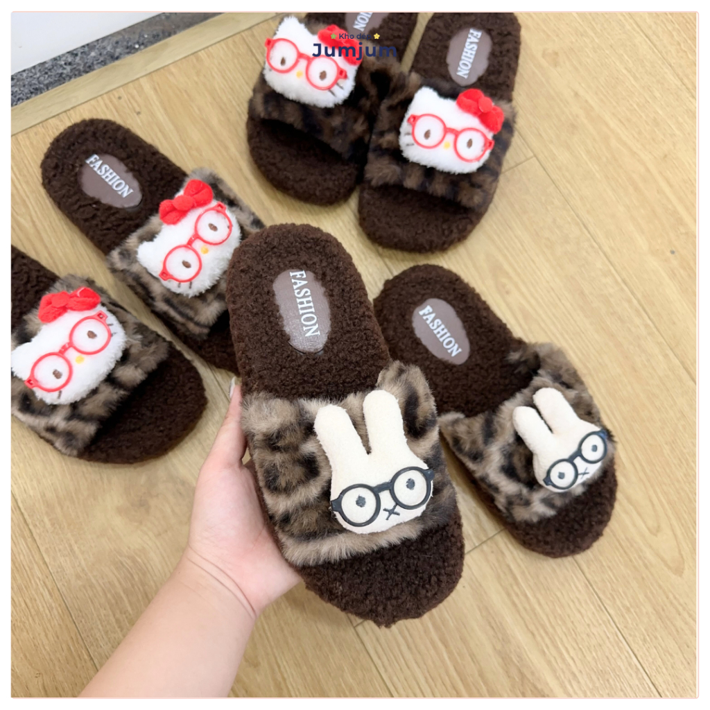 Dép lông mèo hello kitty bản nâng cấp sticker gấu nổi 5D lông mềm mịn ấm chân, đế dày chống trượt 1,5 cm êm chân cao hai