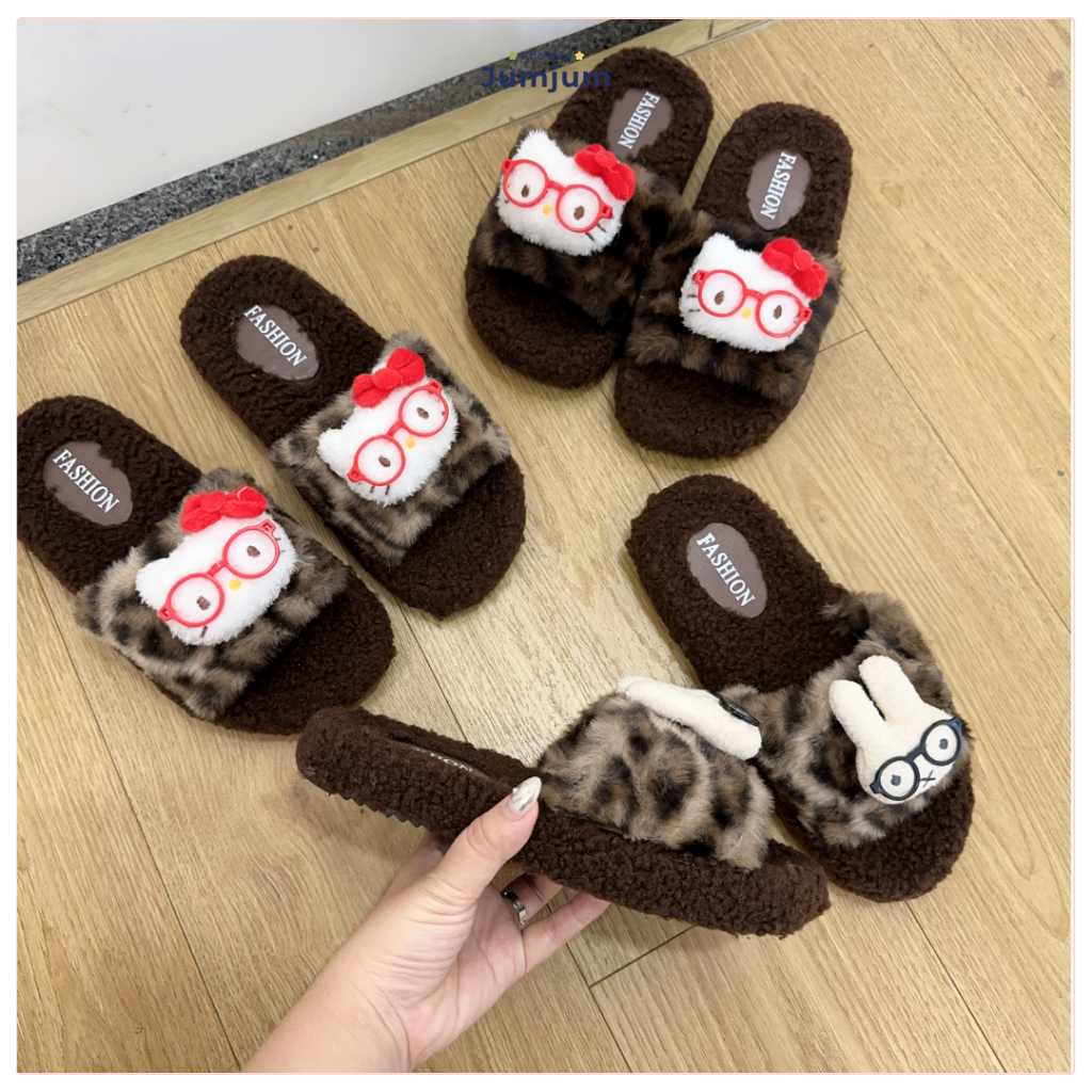 Dép lông mèo hello kitty bản nâng cấp sticker gấu nổi 5D lông mềm mịn ấm chân, đế dày chống trượt 1,5 cm êm chân cao hai