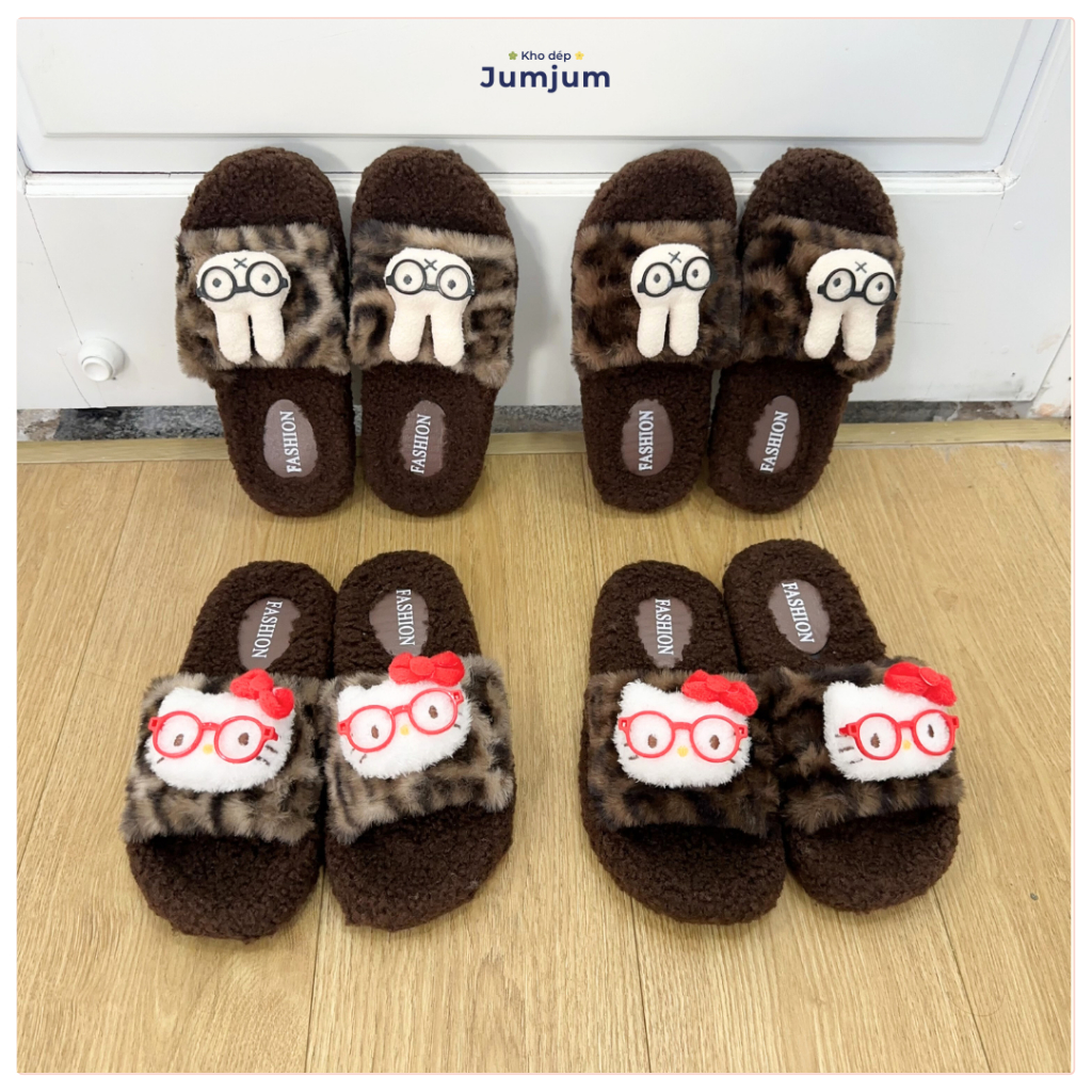 Dép lông mèo hello kitty bản nâng cấp sticker gấu nổi 5D lông mềm mịn ấm chân, đế dày chống trượt 1,5 cm êm chân cao hai
