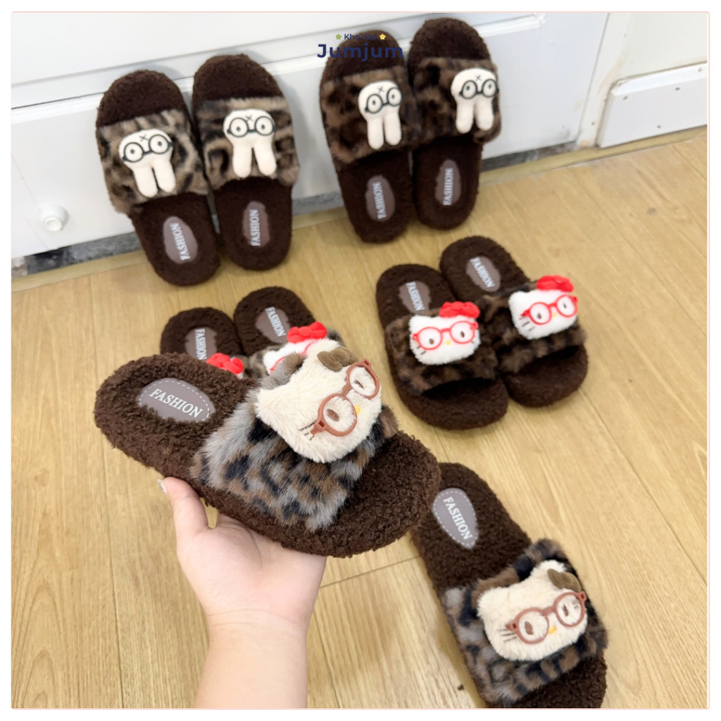 Dép lông mèo hello kitty bản nâng cấp sticker gấu nổi 5D lông mềm mịn ấm chân, đế dày chống trượt 1,5 cm êm chân cao hai