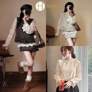 Sét Dạ 2 Chi Tiết Hari Áo Gile Cúc Bọc Phối Bèo & Chân Váy Ngắn Chất Dạ (Ko kèm áo trong)