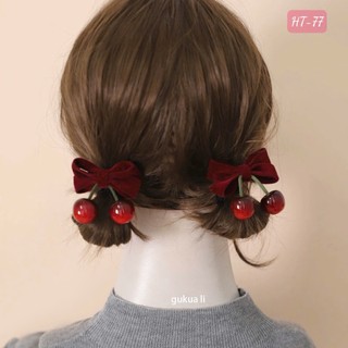 Kẹp tóc nơ cherry nhung đỏ thời trang thu đông