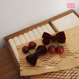 Kẹp tóc nơ cherry nhung đỏ thời trang thu đông