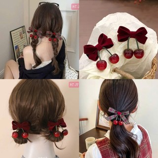 Kẹp tóc nơ cherry nhung đỏ thời trang thu đông