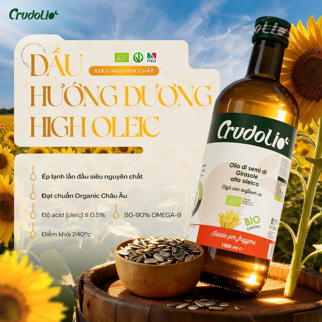 Dầu Hướng Dương Hữu Cơ Ép Lạnh High Oleic CRUDOLIO 1L Thuần Chay Ăn Dặm