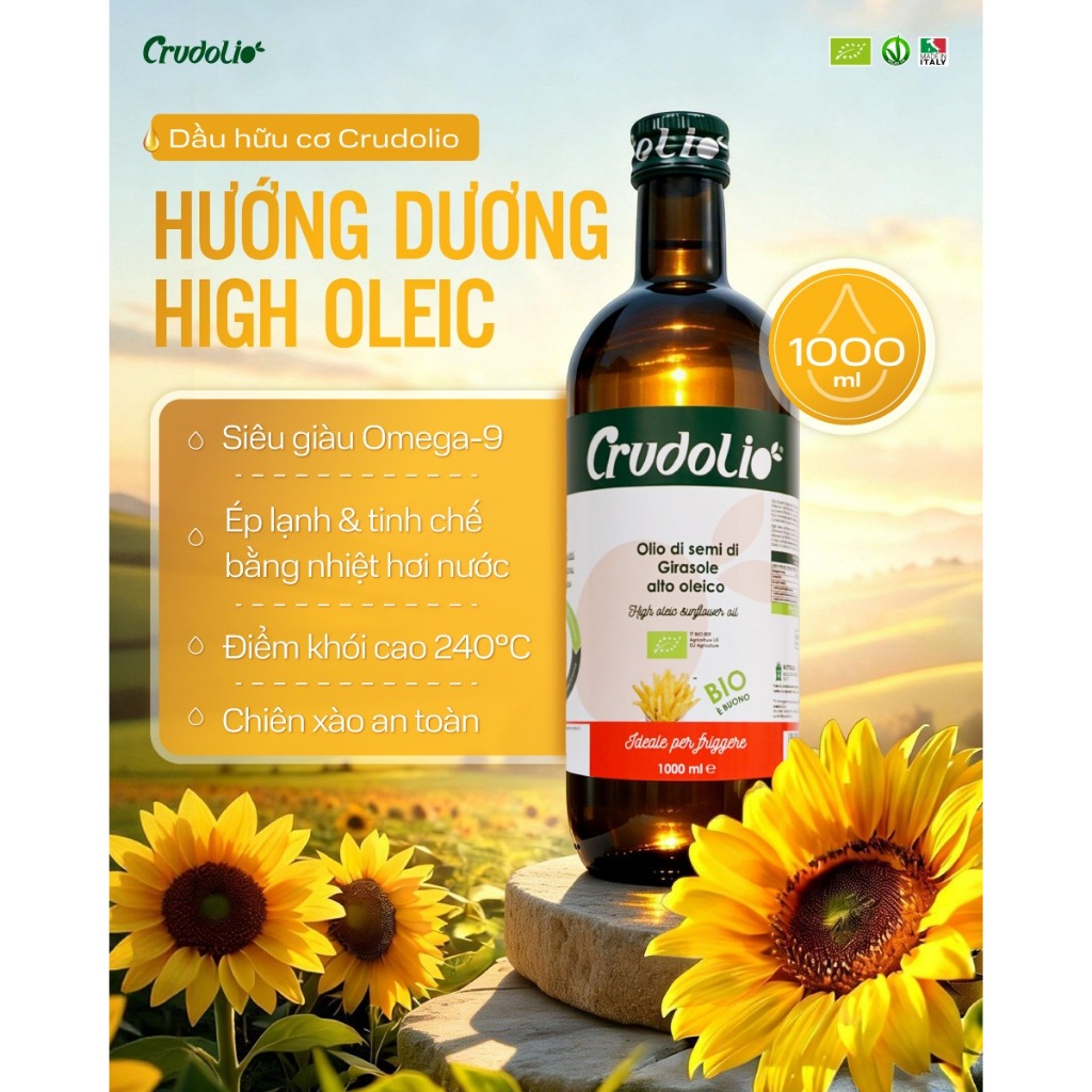 Dầu Hướng Dương Hữu Cơ Ép Lạnh High Oleic CRUDOLIO 1L Thuần Chay Ăn Dặm
