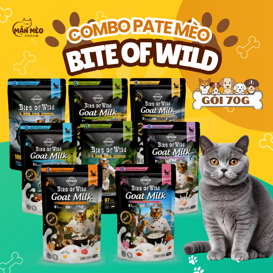 [MỚI] Pate Cao Cấp Bite of Wild Hộp 12 Gói 70G Công Thức Sữa Dê Mix Cá Ngừ, Cá Hồi Và Gà Bổ Sung Dinh Dưỡng