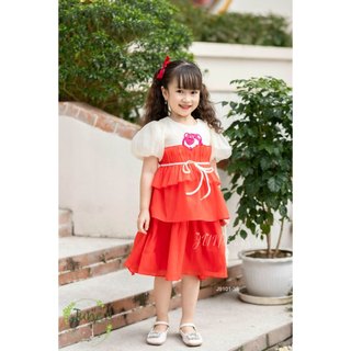 Váy Bé Gái Gấu Dâu Bèo Tầng J9101 – Đầm Công Chúa Hồng Dâu, Chất Tơ Bọt Mềm Bồng Bềnh