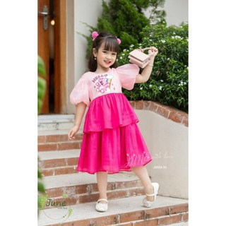 Váy Bé Gái Gấu Dâu Lotso Tầng Xòe Đáng Yêu – Đầm Công Chúa Tay Bồng, Chất Tơ Ng ọc Tr ai